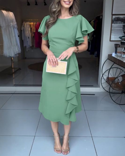 Butterfly Sleeve ruffles Slim Fit Side Slit Mid Long Dress