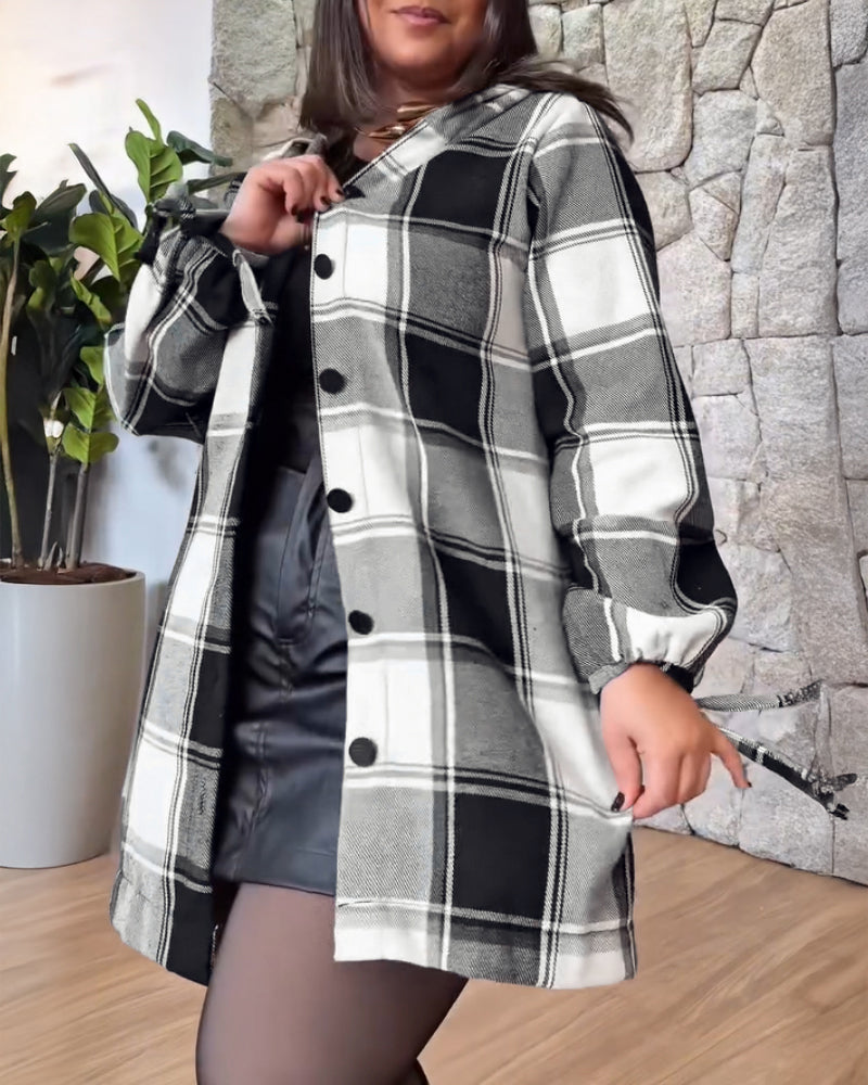 Plaid Print Button Front Tie Cuffs Hoodie Coat With Pockets