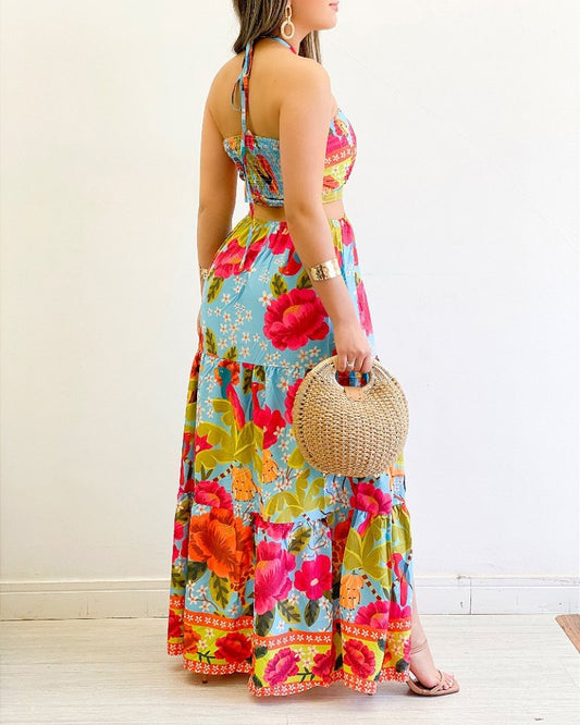 Floral Print Criss Cross Halter Slit Dress Casual Hollow Our Ruffes Vacation Maxi Dress