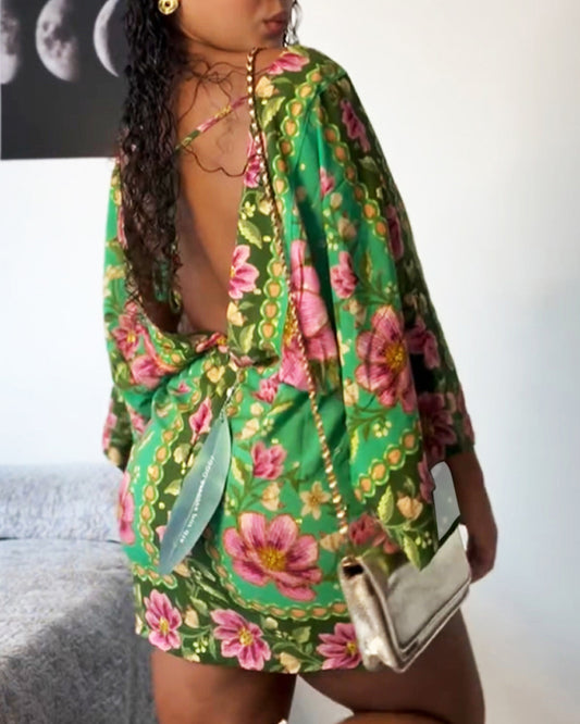 Floral Print V Neck Batwing Sleeve Tied Detail Backless Mini Dress