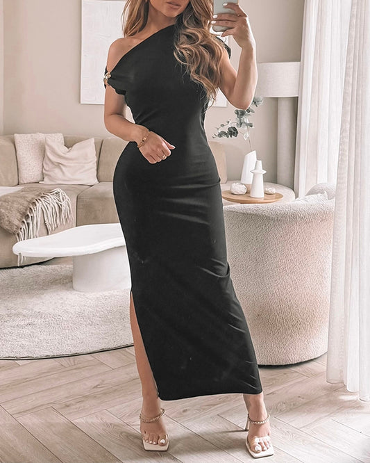 Asymmetrical One Shoulder Metal Decor Bodycon Dress Casual Slit Slim Fit Maxi Dress