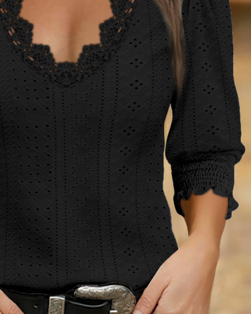 Deep V Neck Contrast Lace Three Quarters Sleeves Tee Casual Shirred & Frill Hem Cuffs Breathable Top