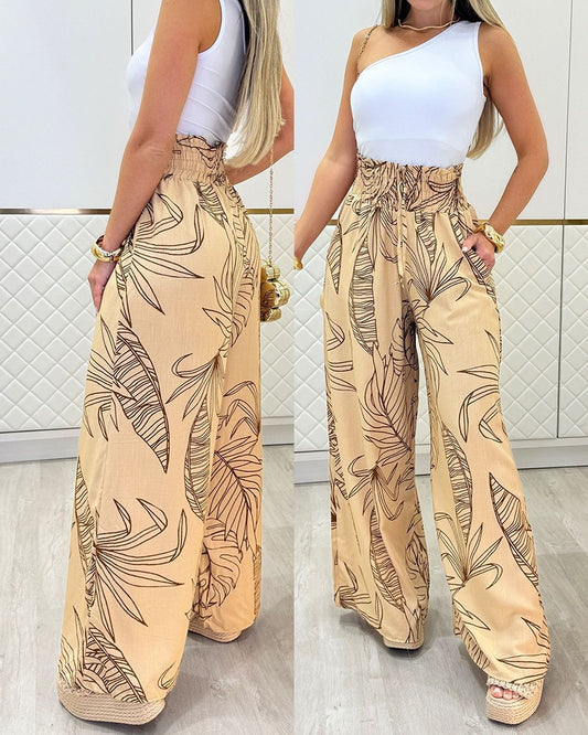 Tropical Print High Waist Tied Detail Pants Casual Shirred Wide Leg Pants