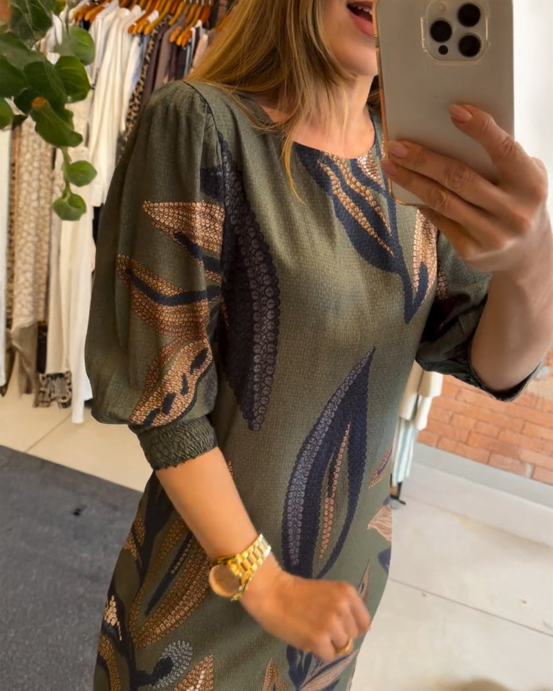 Plants Print Round Neck Half Sleeve Midi Dress