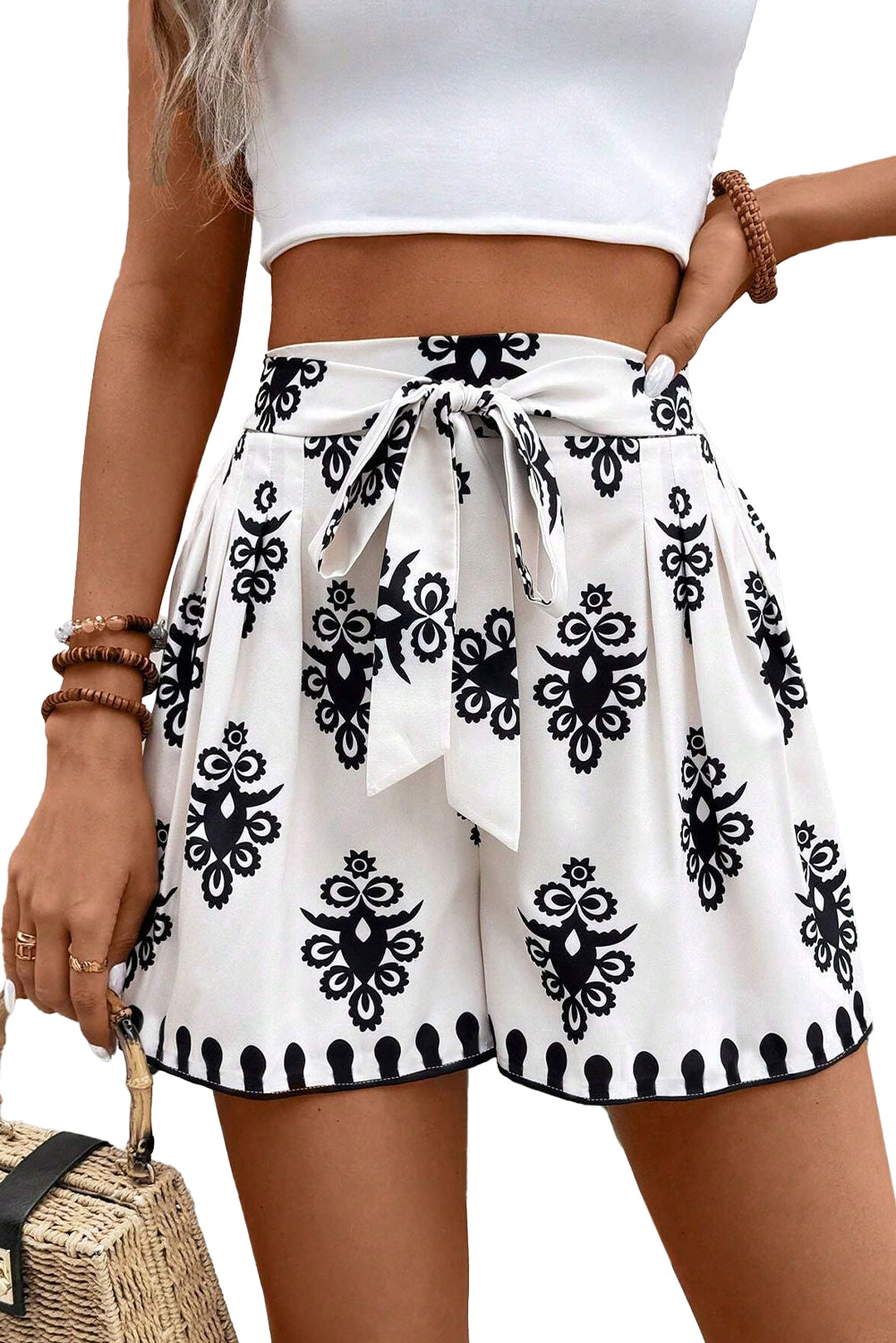Black Tribal Geometric Print Belted High Waist Casual Shorts