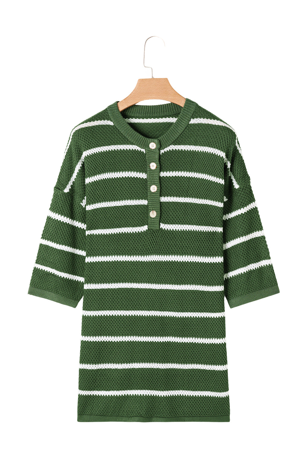 Green Stripe Henley Buttoned Placket Drop Shoulder Bracelet Sleeve Knit Sweater Tee