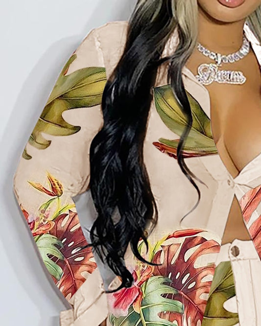 Tropical Print Buttoned Top & Shorts Sets