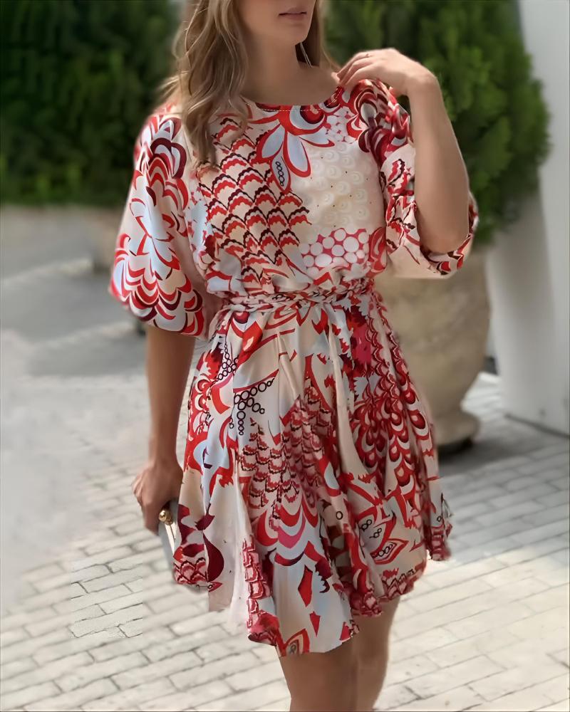 Abstract Print Puff Sleeve Mini Drress Casual Waist A Line Flared Dress