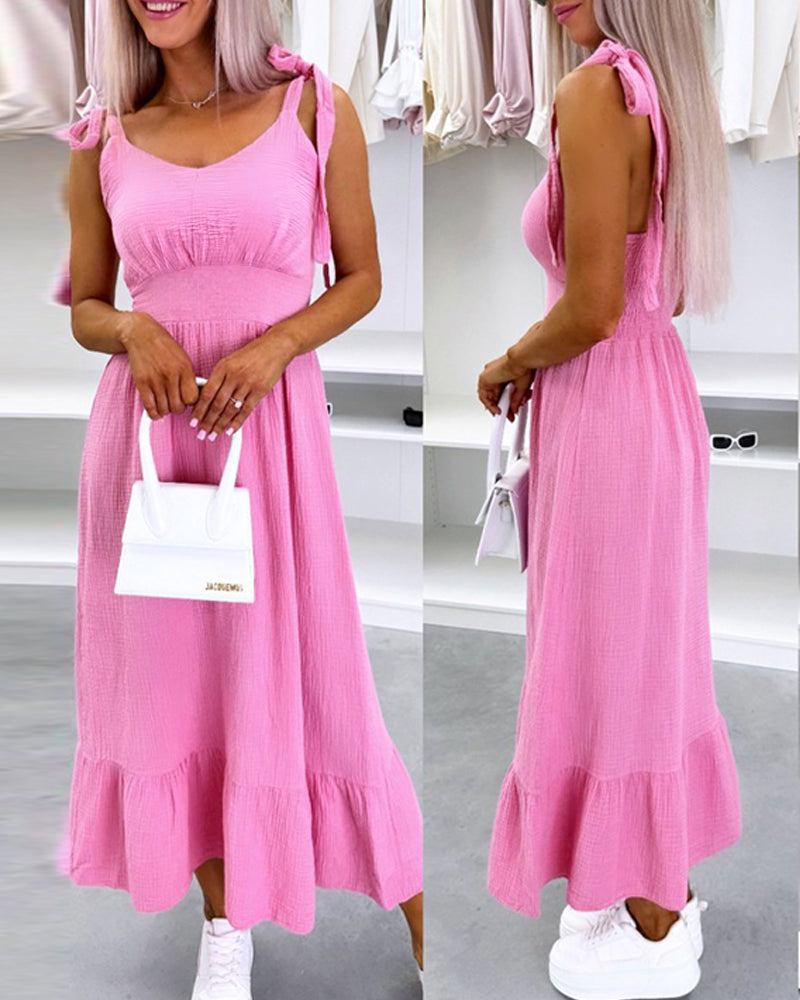 Sholulder Tied Detail Waist Shirred Midi Dress Casual Ruched Ruffles Hem Dress