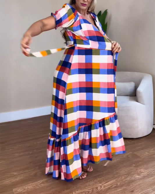 Colorful Plaid Print Overlap V Neck Puff Sleeve Wrap Lace Up Vacation Dress Casual Bow Tie Waist Ruffle Hem Maxi Dress