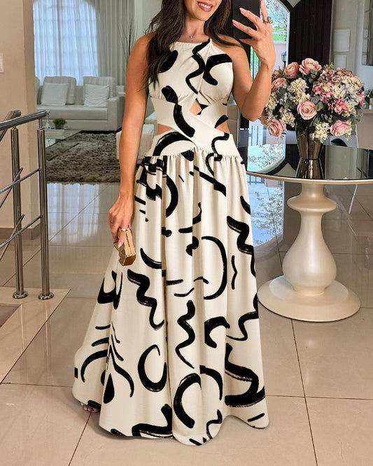 Abstract Print Criss Cross Halter Maxi Dress Casual Hollow Out Shirred Dress
