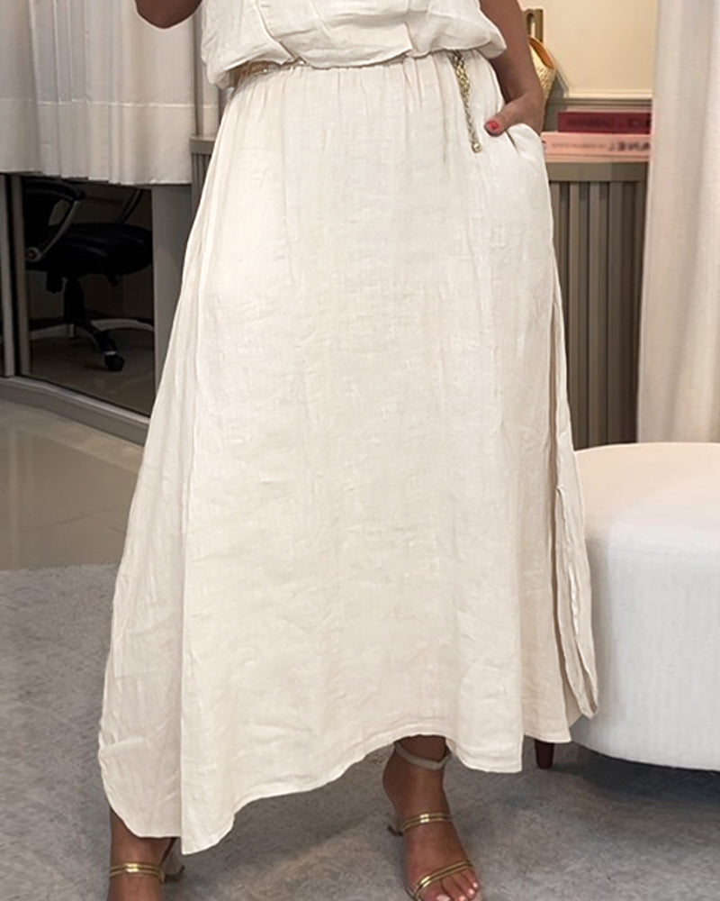 2 Pieces Outfit Sleeveless Linen Tank Top and Casual A Line Slit Midi Skirt Set