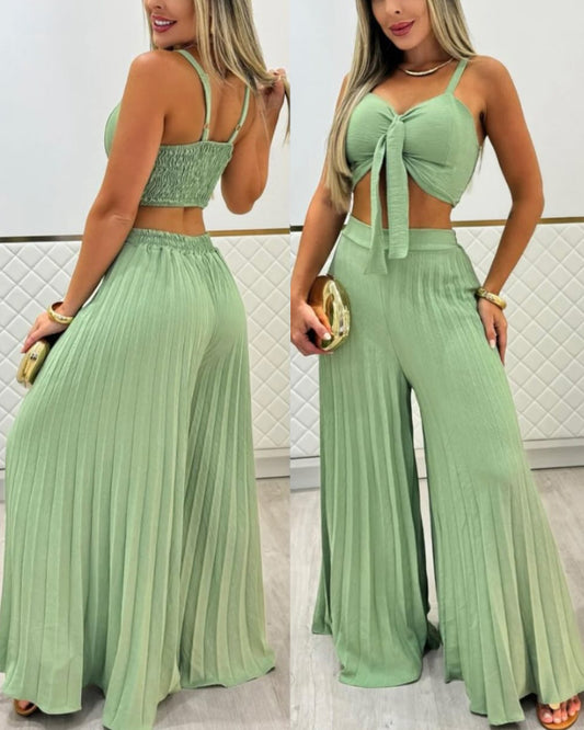 2 Pieces Outfit Cold Shoulder Tied Detail Shirred Top and Elastic waist Fold Wide Leg Pants Set
