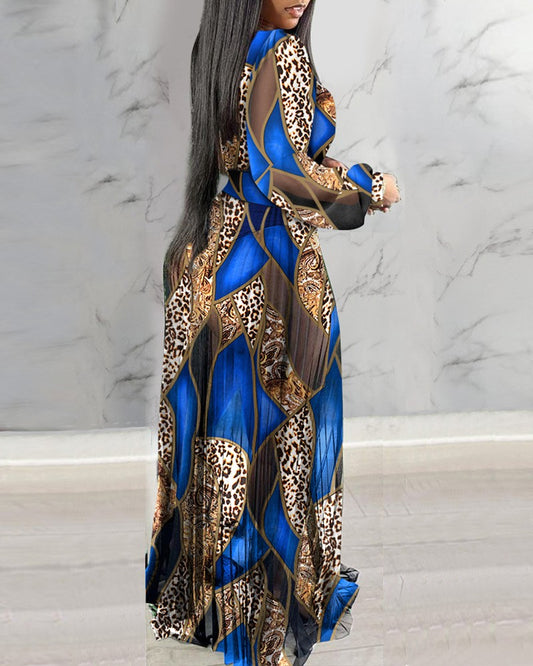 Leopard Floral Print Lantern Sleeve Sheer V Neck Pleated Maxi Dress Elegant Evening Dress