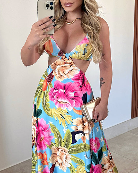 Tropical Print Plunge V Neck Spaghetti Strap Maxi Dress Casual Hollow Out Tied Detail A Line Dress