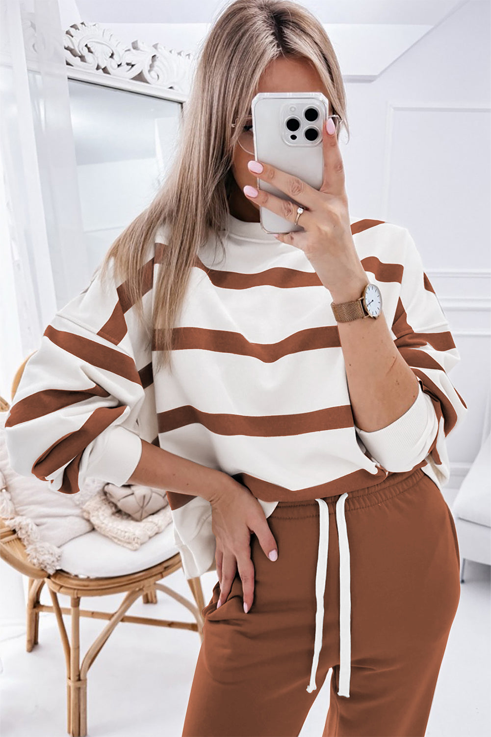 Brown Stripe Drop Shoulder Pullover and Jogger Pants Set