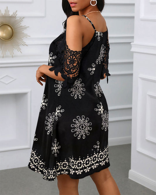 Floral Print Contrast Lace Short Sleeve V Neck Dress Casual A Line Boho Mini Dress