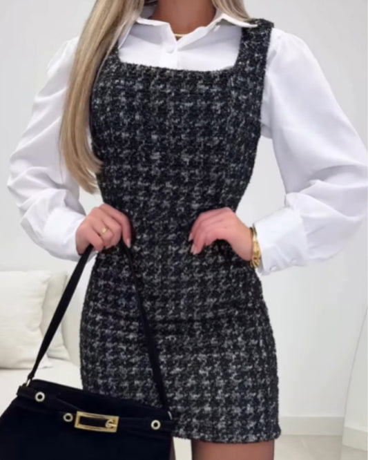 French Style Vintage Square Neck Thick Strap Zipper Back Tweed Dress Slim Fit Suspender Dress