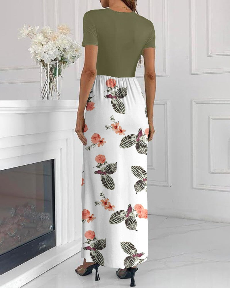 Colorblock Floral Print Round Neck Short Sleeve Dress Casual Waist A Line Maxi Dress with Pockets