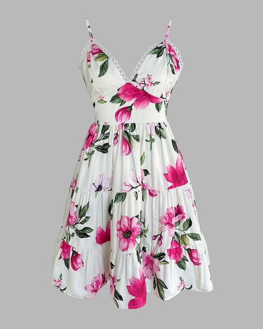 Floral Print Lace Patch V Neck Spaghetti Strap Dress Casual A Line Mini Dress