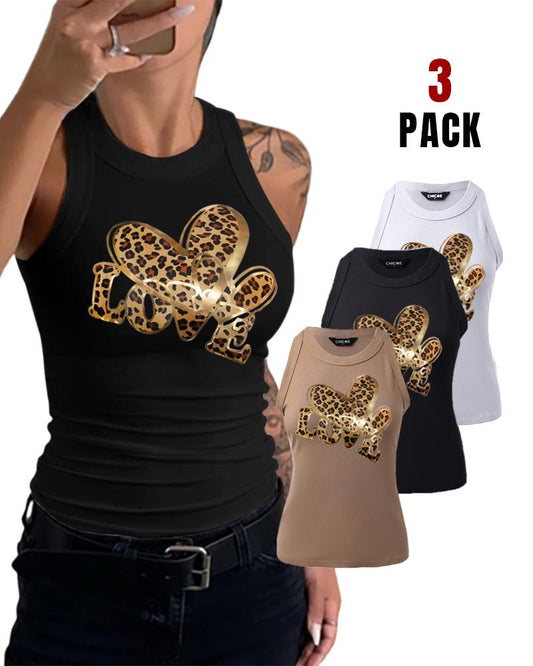 Leopard Heart Pattern Round Neck Tank Slim Fit Casual Top