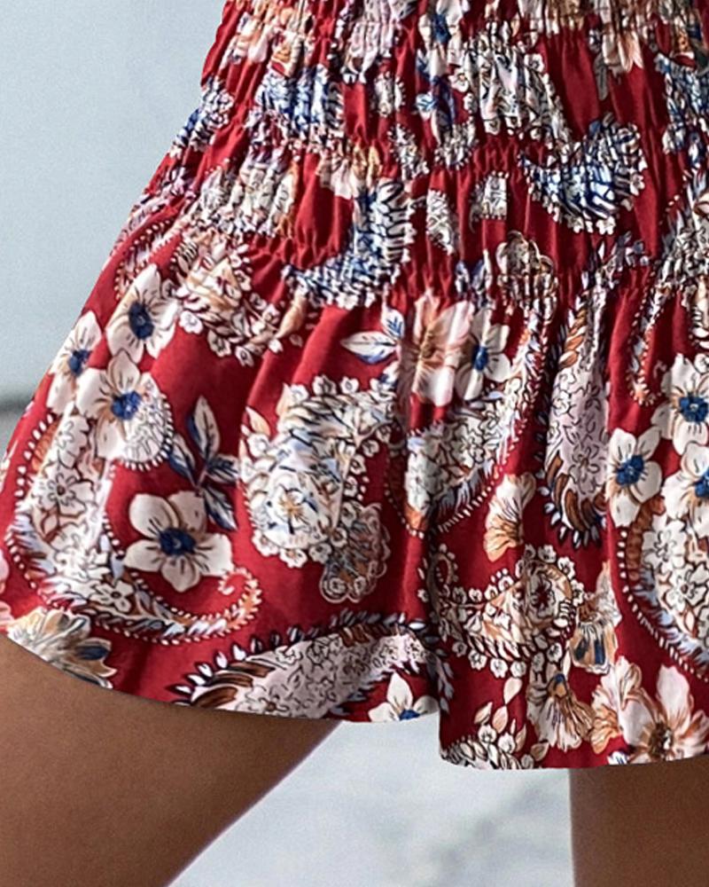Floral Print High Waist Strechy Shirred Shorts Casual Loose Fit Shorts
