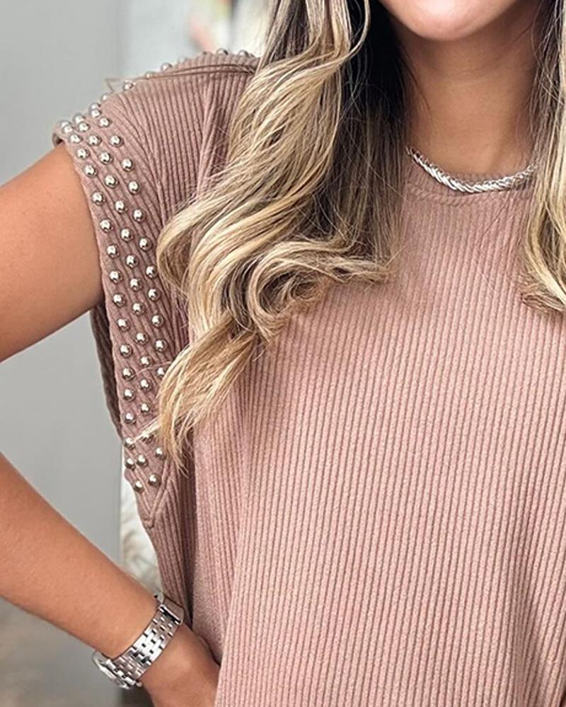 Shoulder Studded Decor Short Sleeve Blouse Casual Tied Detail Top