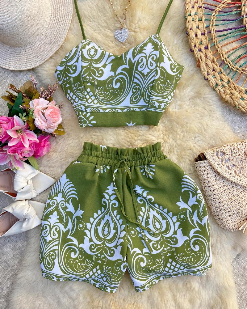 2 Pieces Summer Outfits Floral Print V Neck Spaghetti Strap Crop Top and Casual Waist Drawstring Shorts Set