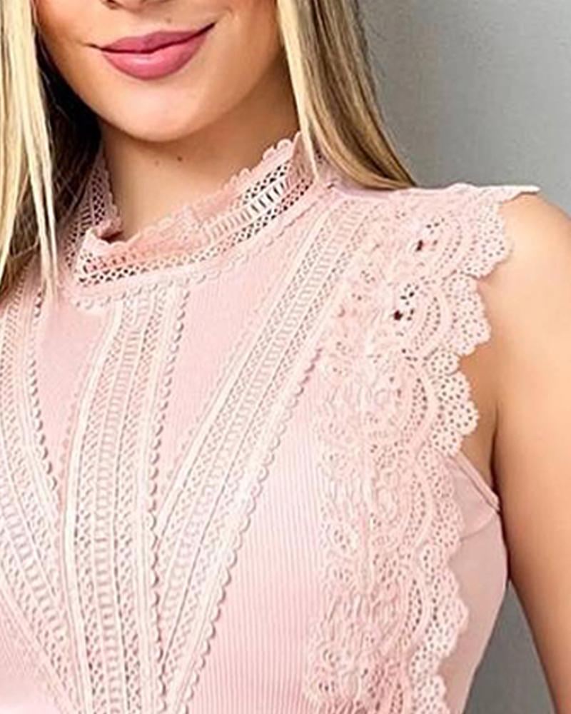 Lace Patch Stand Collar Ribbed Tank Top