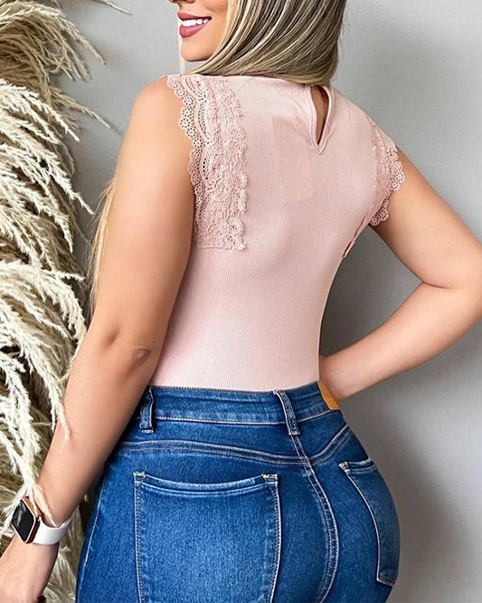 Lace Patch Stand Collar Ribbed Tank Top