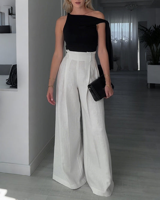 Solid Color High Waist Pleated Wide Leg Casual Pants