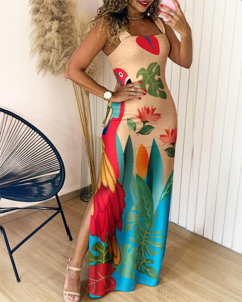 Floral Print Thick Strap Slit Maxi Dress Casual Slim Fit Vacation Dress
