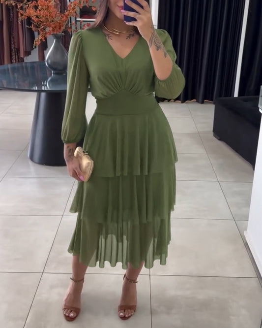 V Neck Long Sleeve Mesh Patchwork Casual Cinch Layered Mid Calf Dress