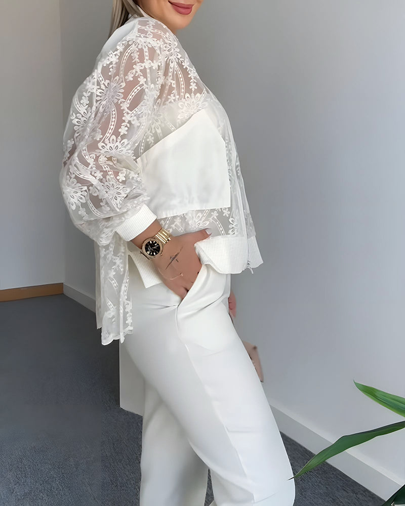 Floral Lace Embroidered Mesh Patchwork High Low Hem Baseball Coat Casual Side Slit Zip Up Bomber Jacket