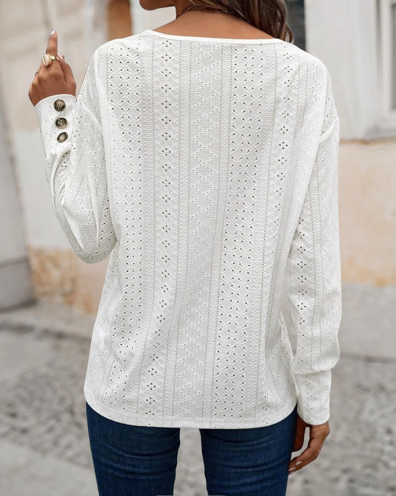 Eyelet Embroidery V Neck Long Sleeve T Shirt Casual Hollow out Button Decor Top