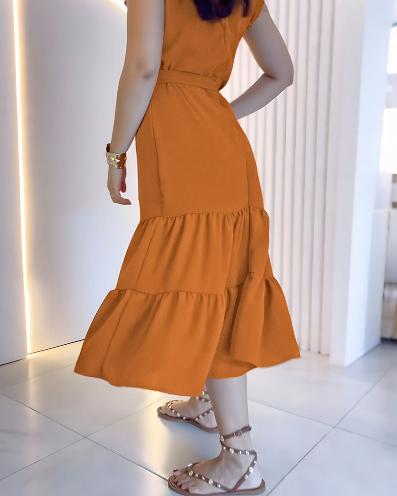 Round Neck Sleeveless Tied Detail Ruffles Mid Calf Dress