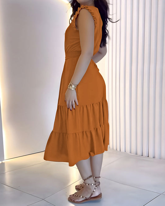 Round Neck Sleeveless Tied Detail Ruffles Mid Calf Dress