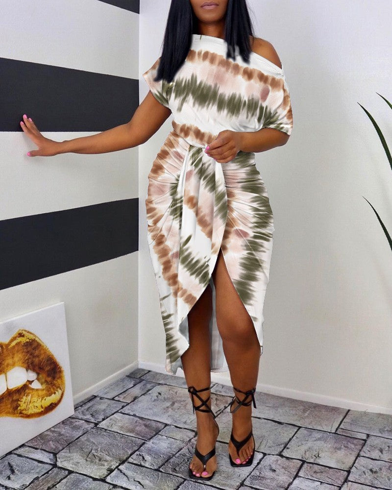 Tie Dye Print Draped Skew Neck Casual Dress