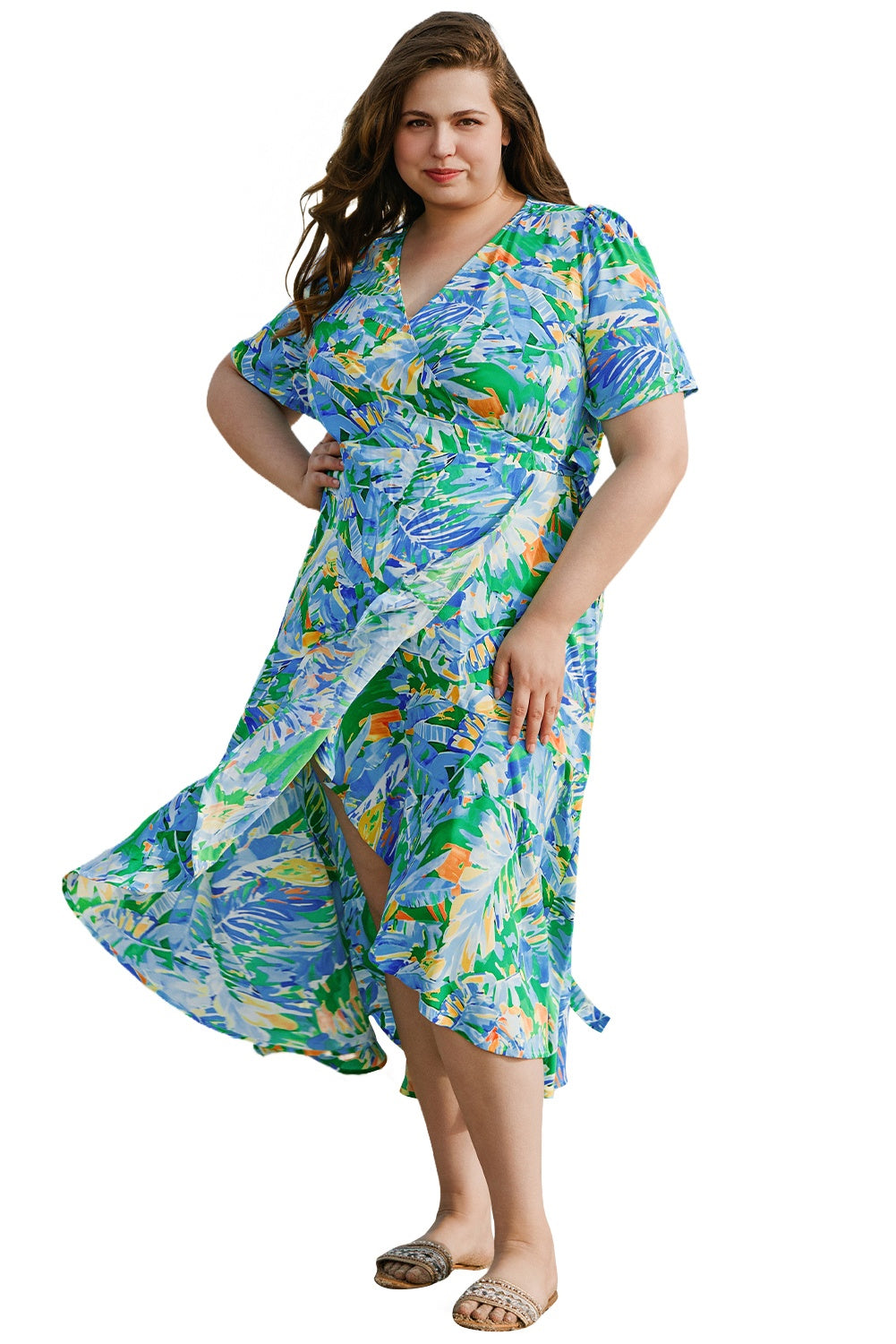 Green Leaves Print Short Sleeve Surplice Neck Ruffled Trim Plus Size Maxi Dress