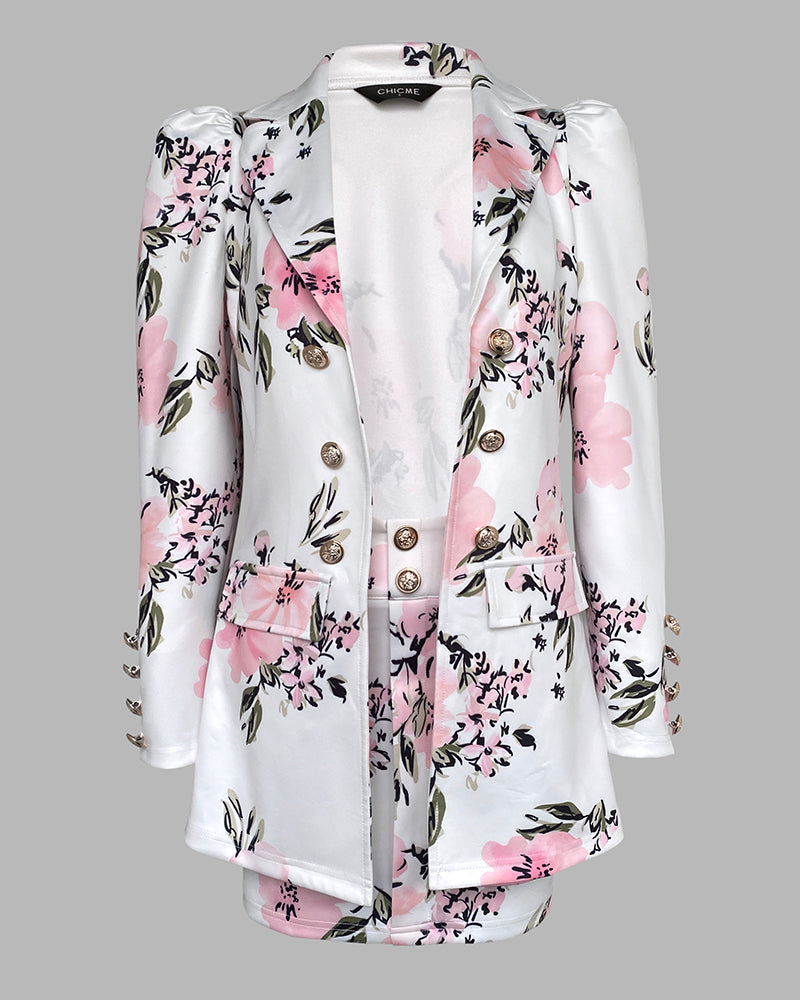 Floral Print Puff Sleeve Double Breasted Blazer Coat & Skirt Set