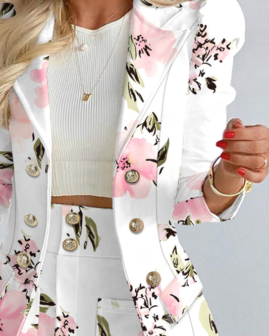 Floral Print Puff Sleeve Double Breasted Blazer Coat & Skirt Set