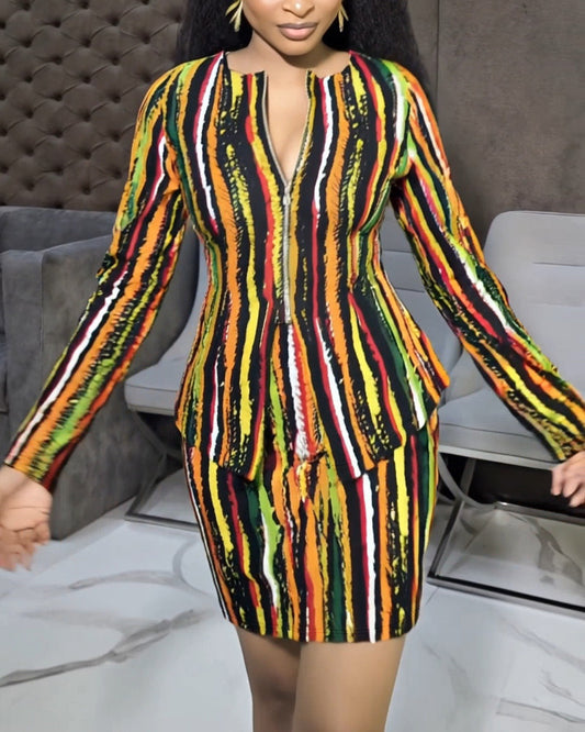 2 Pieces Outfit Multi Color Striped Bell Sleeve Zip Up Slit Cinched Waist Top and Bodycon Skirt Set