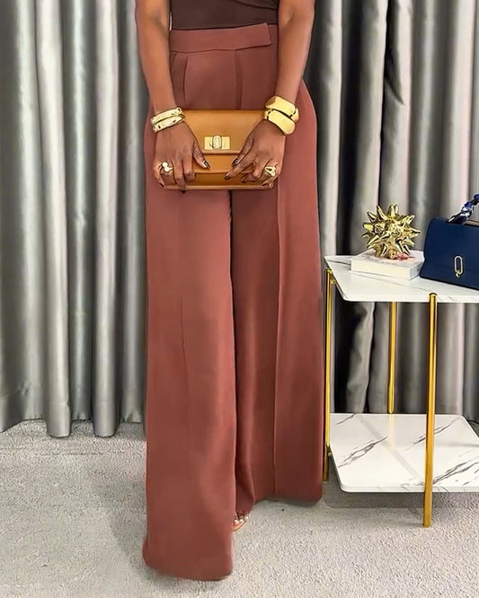 2 Pieces Outfit Off the Shoulder Skinny Top and Casual Wide Leg Business Pants Set