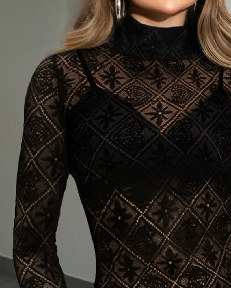 High Neck Argyle & Floral Pattern Lace See Through Bodysuit