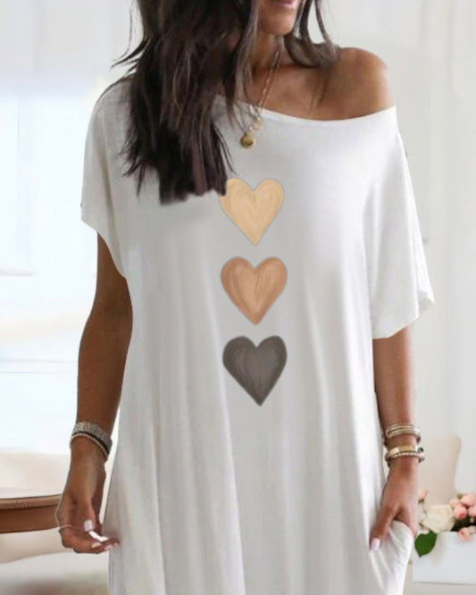 Heart Pattern Cold Shoulder Short Sleeve Maxi Dress Casual Pocket Design Loose Fit Dress