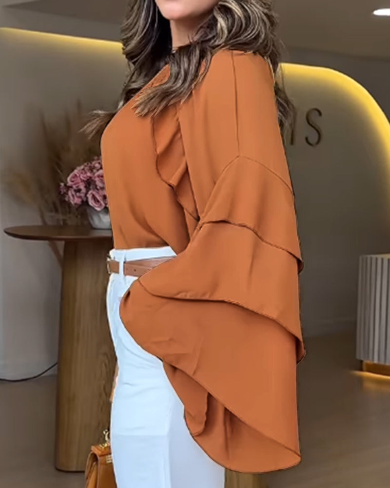 Gathered Round Neck Multi Layer Ruffles Bell Sleeve Blouse Casual Hollow out Back Loose Top