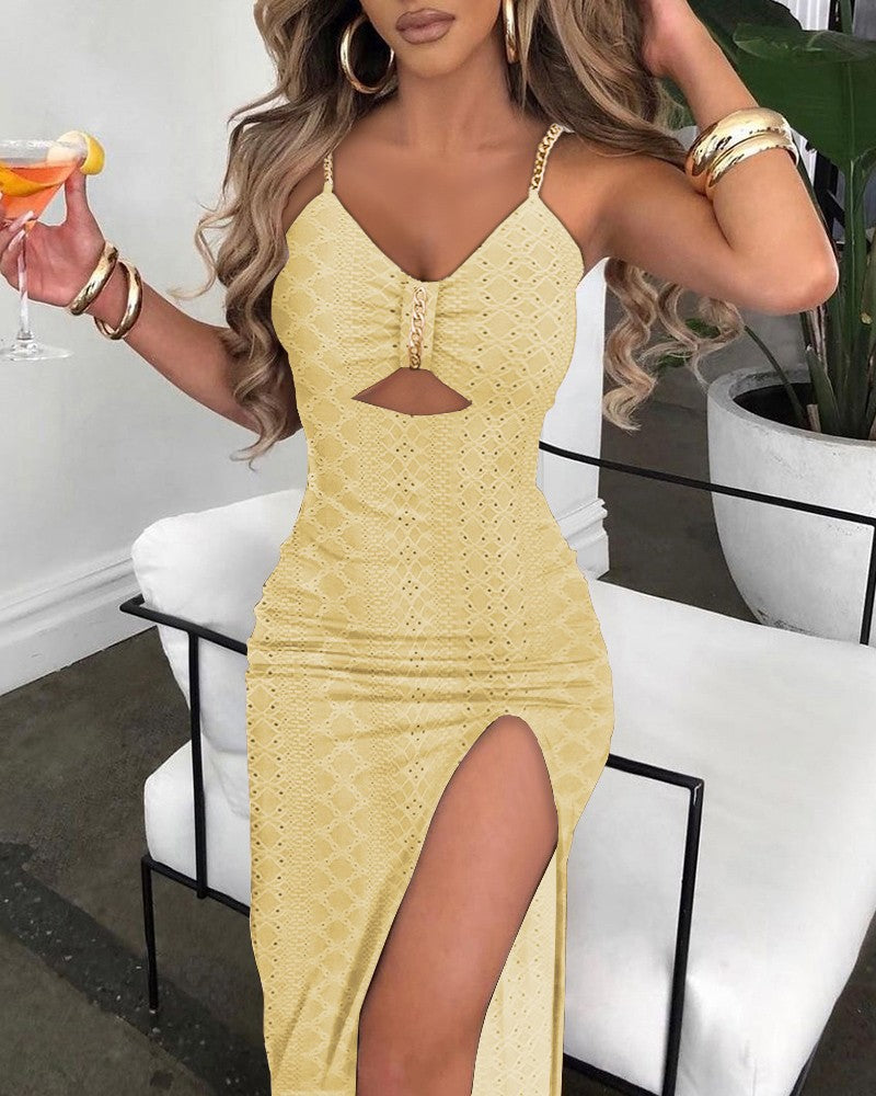 Eyelet Embroidery Chain Strap High Dress