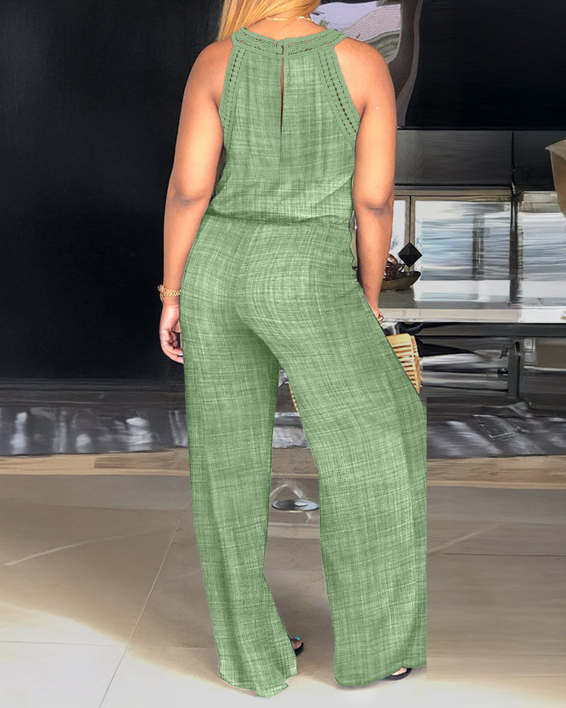 Halterneck Hollow out Lace Patchwork Drawstring Waist Wide Leg Jumpsuits