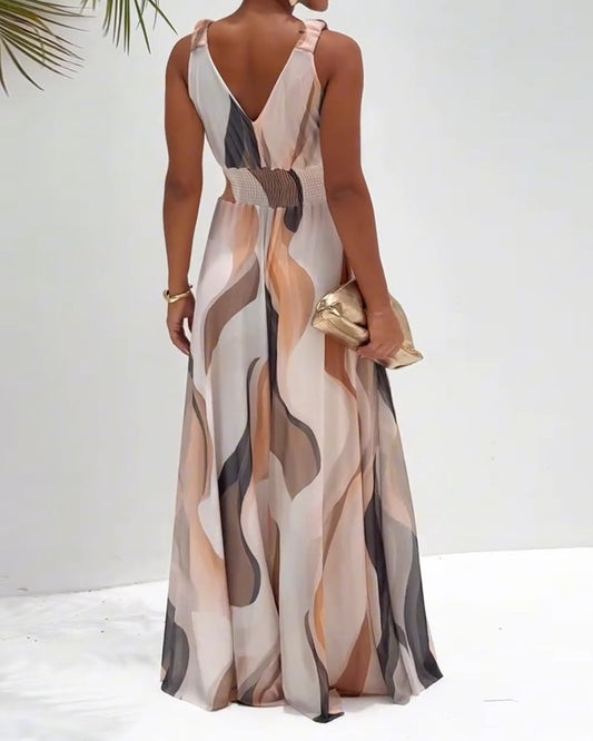 Colorblock V Neck Ruched Strap Sleeveless Jumpsuit Casual Waist Shirred Wide Leg Romper