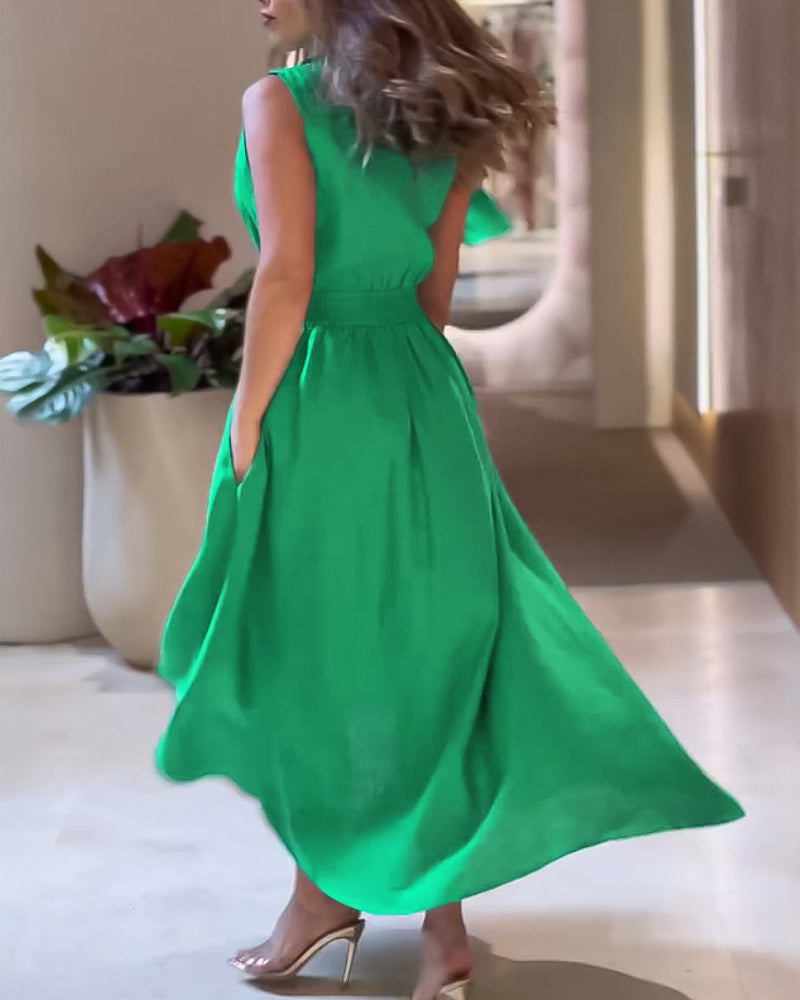 Sleeveless Turn Down Collar Maxi Dress Casual Waist A Line Ruched Dress